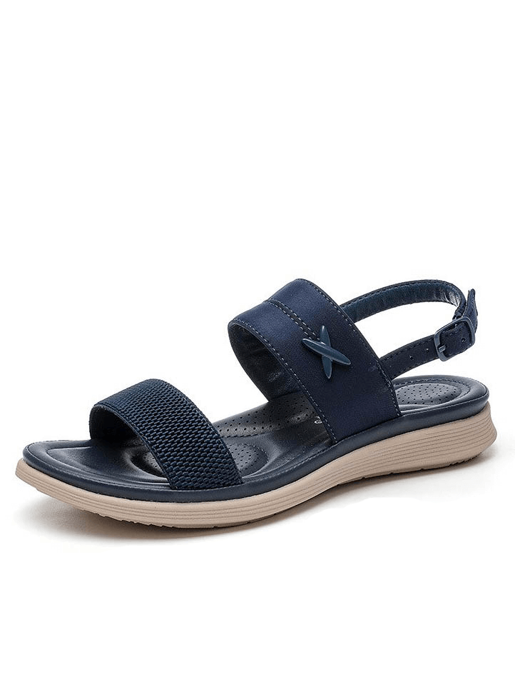 Women's outdoor flat beach sandals in navy blue with buckle strap, comfortable PU leather & TPR outsole, style SF0985.